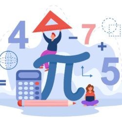 Tiny students with huge sign pi flat vector illustration