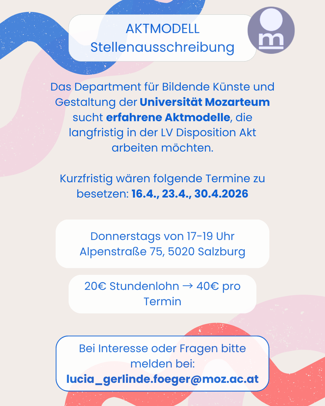Stellenausschreibung Aktmodell Instagram Post